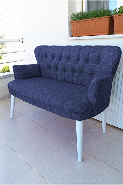 Azra Aksesuar Ikili Koltuk - Kanepe - Keten Kumaş - Ahşap Ayak - Mavi