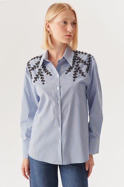 Exquise Regular Fit Striped Shirt with Stone Embroidered Shoulders
