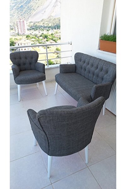 Azra Aksesuar Çay Seti Koltuk Takımı - Keten Kumaş - Beyaz Ahşap Ayak - Gürge...