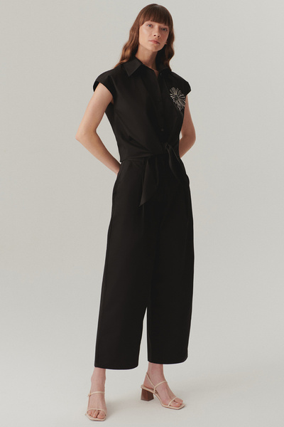 Exquise Mid Waist Cotton Fabric Loose Fit Short Leg Black Pants