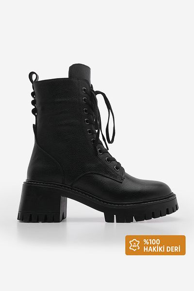 Marjin Genuine Leather Women's Boots - Lace up and Zipper, Thick Heel Black