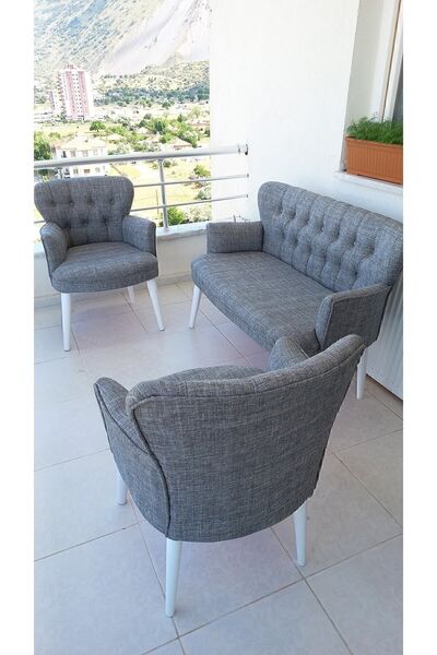 Azra Aksesuar Çay Seti Koltuk Takımı - Keten Kumaş - Beyaz Ahşap Ayak - Gürge...