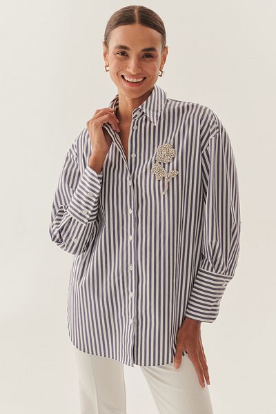 Exquise Oversize Striped Poplin Shirt with Stone Embroidery Detail