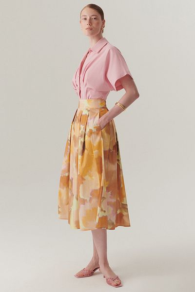 Exquise Fusta midi din bumbac cu buzunare, cu model abstract