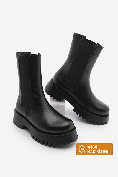 Marjin Damskie buty codzienne z prawdziwej skóry, gruba ząbkowana podeszwa, elastyczne paski z boku, curry, czarne