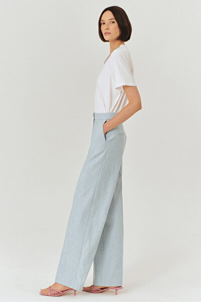 Exquise Yüksel Waist Straight Cut Blue Trousers with Shiny Fabric Detail