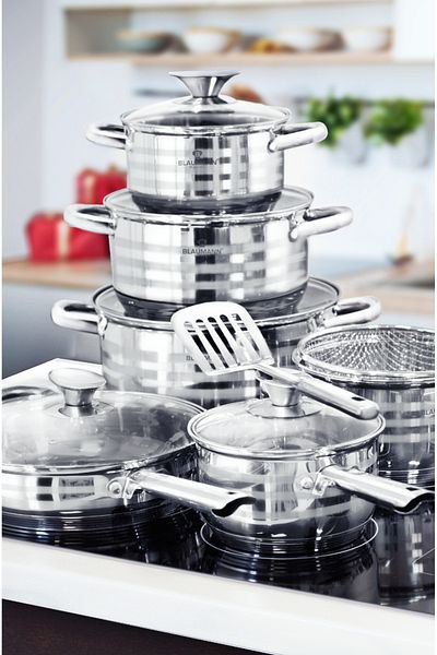 Blaumann Set de vase de gătit cu 12 piese din oțel inoxidabil, linie Gourmet, oale, tigăi, inducție, toate aragazurile, potrivit pentru cuptor, spălat vase