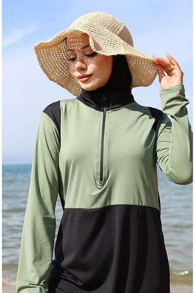 sefamerve Μαγιό Hijab με φερμουάρ 2508-02 Çağla Green Black
