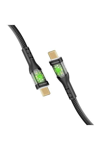 Promate كابل USB-C، كابل Type-C فائق السرعة، 60 واط مع شحن متزامن بسرعة 480 ميجابت في الثانية، غلاف شفاف أنيق