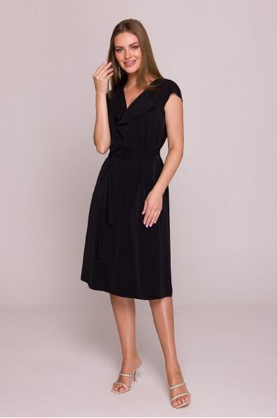 Stylove Dress with ruffle and belt at the waist - black