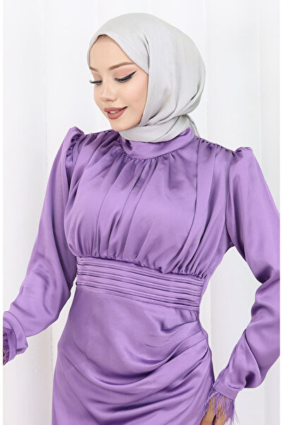 sefamerve Pile Detaylı Saten Abiye Elbise 6374-03 Lila