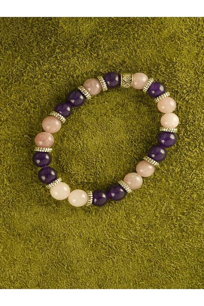 hmgtaş Natural Stone Amethyst and Pink Quartz Charm Bracelet Stylish Energy Stress Success Bracelet