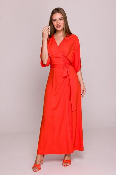 Stylove Wrap maxi dress with a waist belt - coral