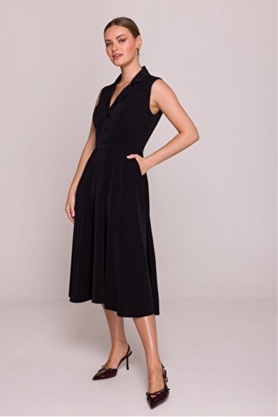 Stylove Flared dress with collar - black