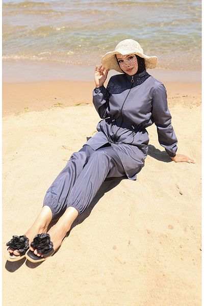 sefamerve Ανθρακί Μαγιό Hijab με φερμουάρ - 9002-03