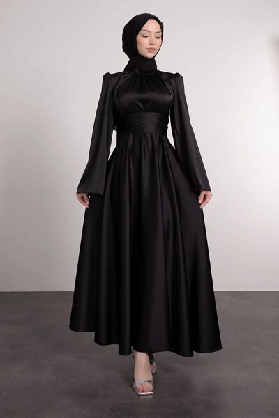 Lamia Giyim Ισπανικό μανίκι με τυλιγμένο σατέν βραδινό φόρεμα Hijab Μαύρο
