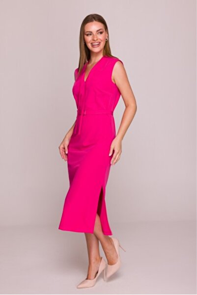 Stylove Dress with tied neckline and belt - pink