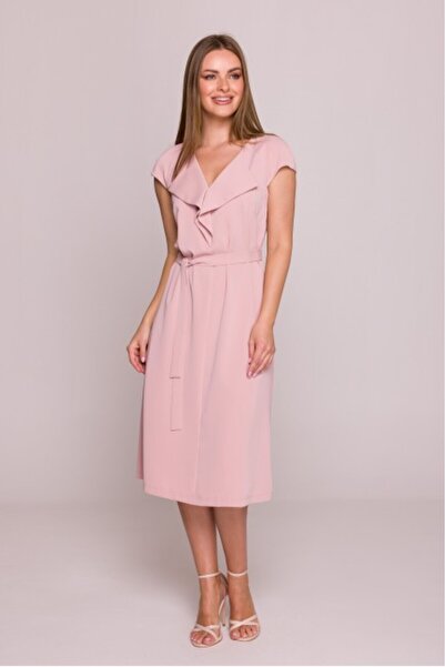 Stylove Dress with Ruffled Detail and Waist Belt - Powder Pink
