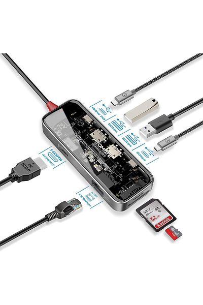 Promate USB-C™ Transparent Media Hub, Premium 4K Display, with HDMI, Super-Fast 1000Mbps Ethernet,