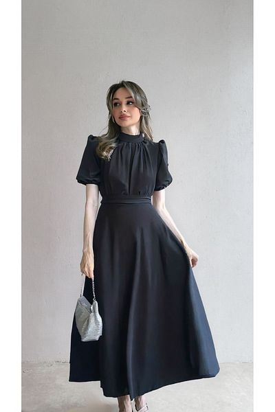 Sheeny Nil Black Flared Skirt Short Sleeve Midi Length Satin Evening Dress Black