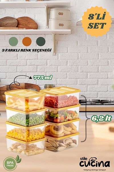 Stile Cucina 8-Piece Refrigerator Organizer Organizer Freezer Storage Container Suitable for Microwave