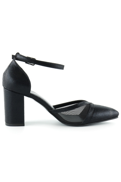 Erkan Saçmacı Diana Black Pointed Toe Mesh Thick Heeled Classic Shoes