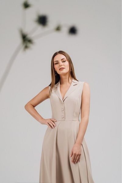 Stylove Flared Dress with Collar - Beige