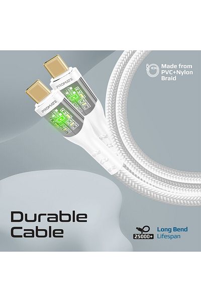 Promate كابل USB-C بطول 120 سم، كابل Type-C فائق السرعة بقوة 60 وات مع شحن متزامن بسرعة 480 ميجابت في الثانية، غلاف شفاف أنيق