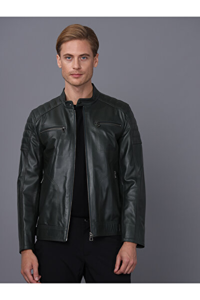 Basics&More سترة جلدية للرجال بتفاصيل سحاب للدراجين باللون الأخضر الداكن - CM...