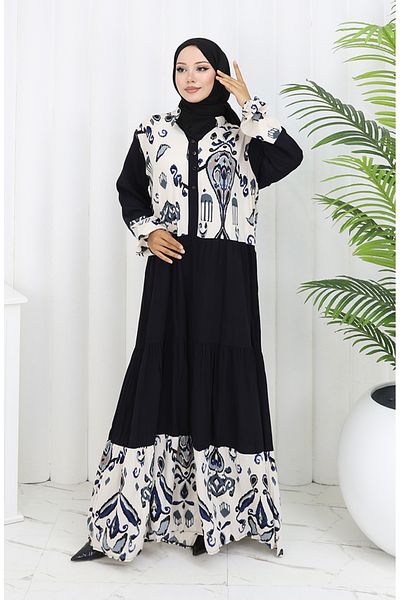 sefamerve Rochie din viscoză cu garnitură colorată 994587a-04 Indigo negru