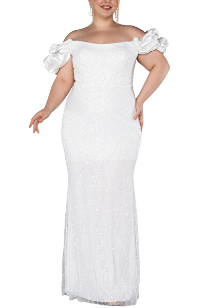 Arden White Long Fish Evening Dress, Powder Sequin, Strapless, Moon Sleeve Wedding, Wedding, Graduation Dress, 38-48