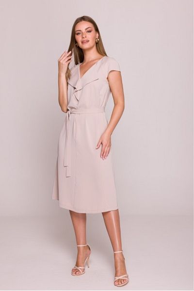 Stylove Dress with ruffle and belt at the waist - beige