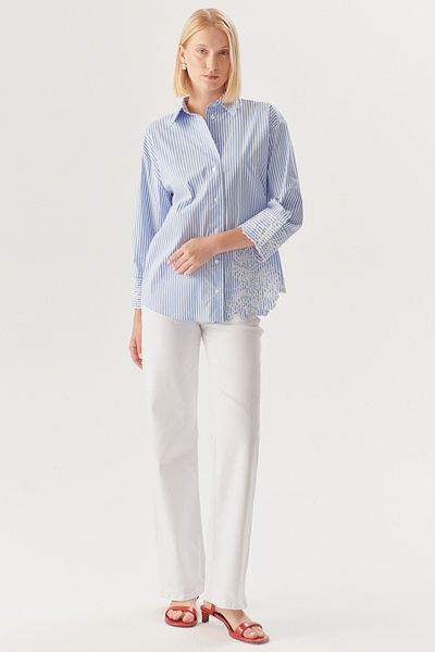 Exquise Floral Embroidered Blue Striped Regular Shirt