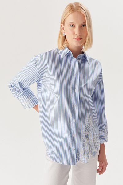 Exquise Floral Embroidered Blue Striped Regular Shirt
