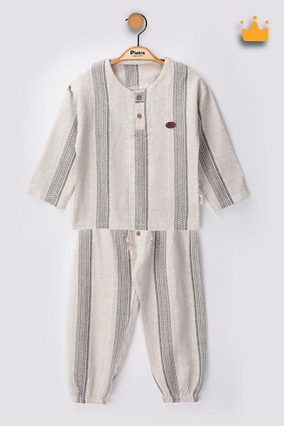 Babyhola 0-2 Years 100% Cotton Linen Striped Top Bottom 2-Piece Baby Boy Kids Suit Gray 2211