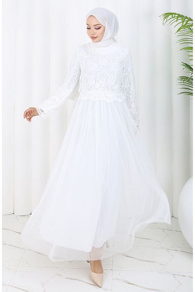 sefamerve Rochie de seara acoperita cu dantela alba - 5369-01