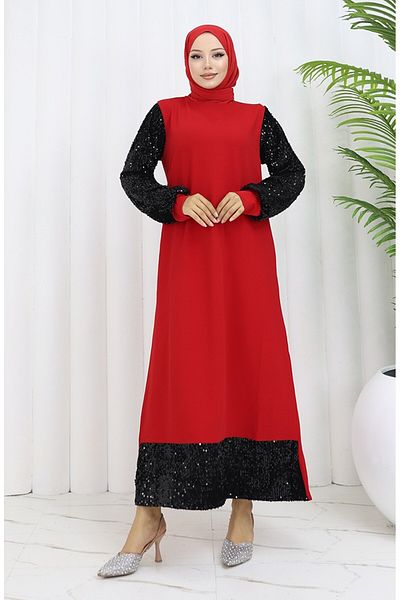 sefamerve Red Sequined Evening Dress - 0305A-01