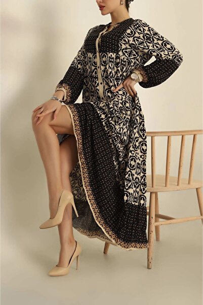 ALFUDO Moda Collection Rochie neagră din viscoză țesută cu nasturi