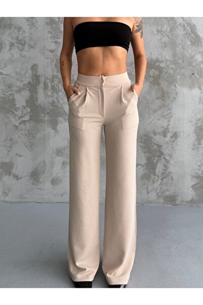 Moda ferfa بنطال بالازو نسائي بيج عالي الخصر مطوي بأزرار ليكرا قابل للتمدد ومريح