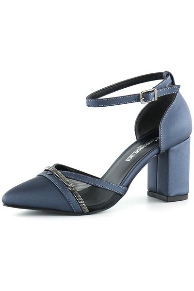 Erkan Saçmacı Molly Navy Blue Satin Stone Mesh Thick Heeled Shoes 7 Cm