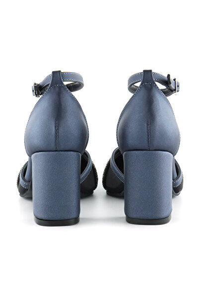 Erkan Saçmacı Molly Navy Blue Satin Stone Mesh Thick Heeled Shoes 7 Cm