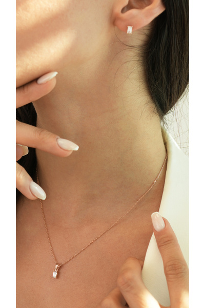 Gümüş Çadırım Gümüş Baget Taşlı Kolye Küpe Seti