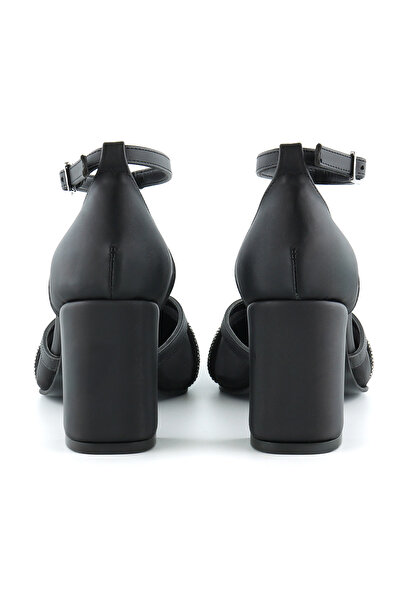 Erkan Saçmacı Molly Siyah Saten Sivri Burun Taşlı Fileli Kalın Topuklu Abiye Ayakkabı