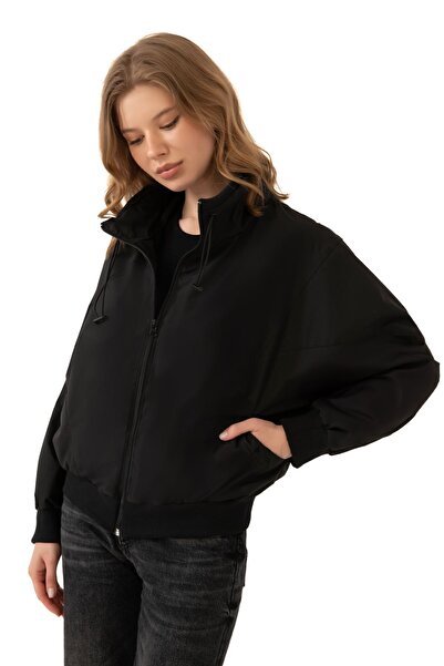 freemen سترة رياضية نسائية ذات ياقة واقفة سوداء مقاومة للماء والرياح كبيرة ال...