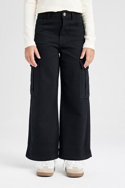 DeFacto Girl's Black Cotton Wide Leg Trousers - Cargo Pocket, Pocket C8778A824Au