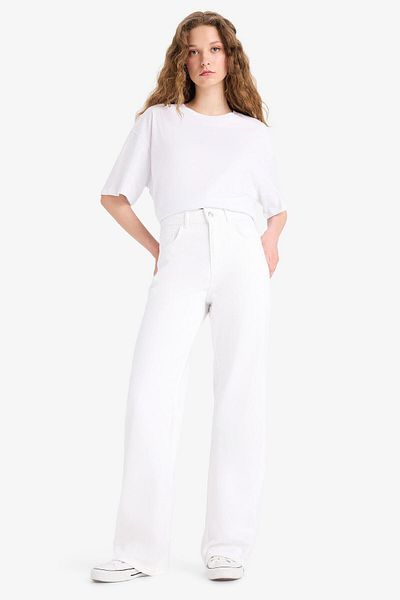 DeFacto Pantaloni drepți, largi, cu talie înaltă, lungi, albi, din denim E8014AX25SM