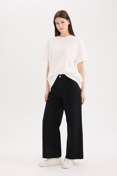DeFacto Short Wide Leg High Waist Crop Jean Washed Pants E3872Ax25Sp