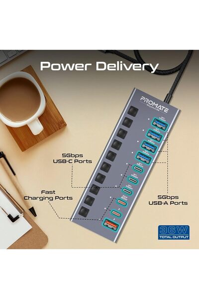 Promate موزع متعدد المنافذ 10 في 1 USB-C™، 3 منافذ USB-C™ و4 منافذ USB-A™ مع نقل بيانات بسرعة 5 جيجابت في الثانية