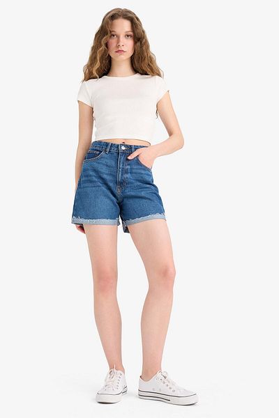 DeFacto Mom Fit Ψηλόμεσο Πόδι Διπλωμένο Τζιν Σορτς E0924ax25sm