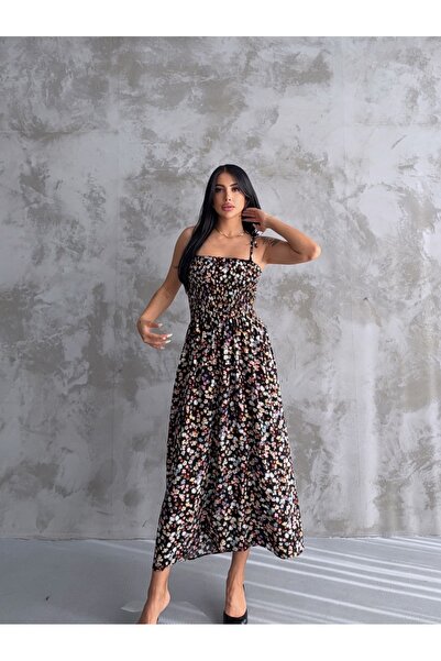 Moda ferfa فستان نسائي منقوش من الفسكوز الأسود من Gipeli مع ربطة عنق على الكتف